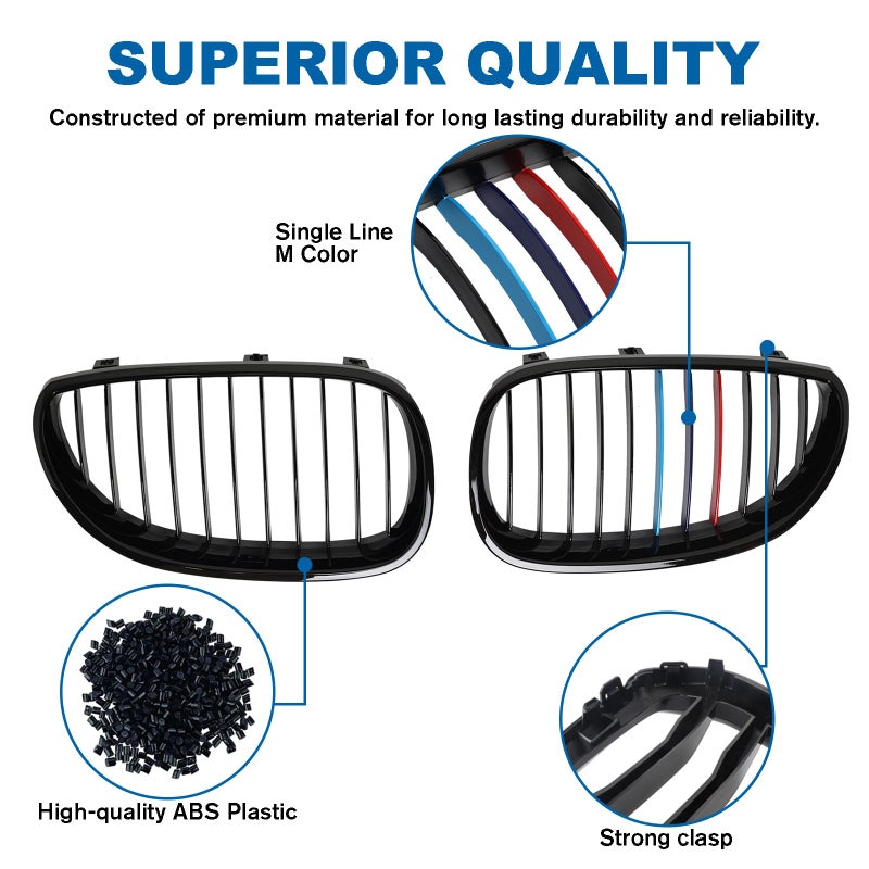 BILLDIO E60 Grille,Front Kidney Grill M Color Grille Compatible With 2003-2009 BMW 5 series E60 E61 520i,523i,525i,528i,530i,535i,550i,ABS Gloss Black Single Slat - Image 3